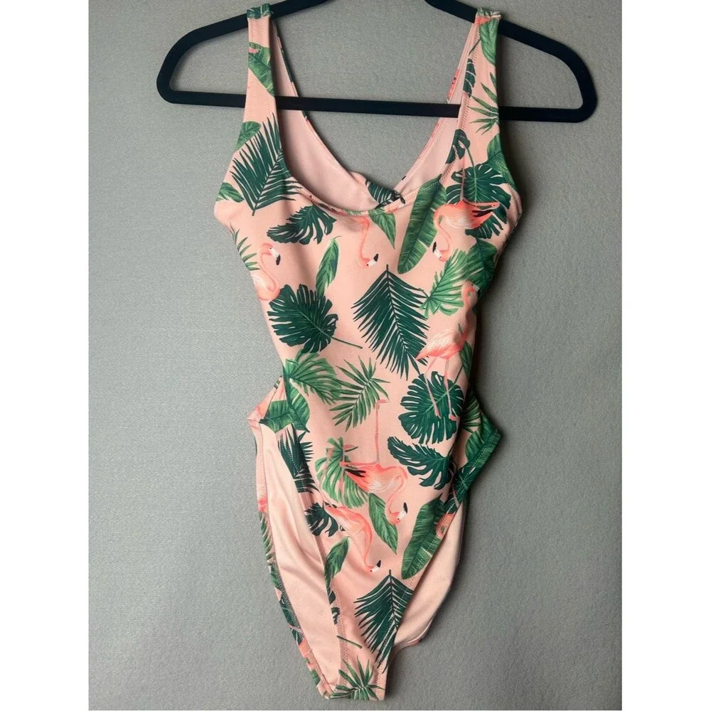 Old Navy Pink Tropical Leaf & Flamingo One-Piece Twist Back Swimsuit XS